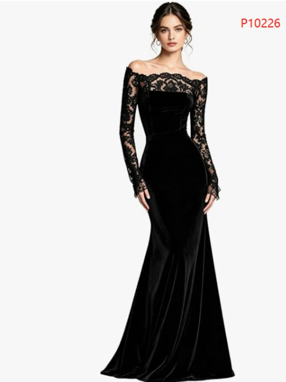 Women's Black Lace Velvet Mermaid Evening Dresses with Long Sleeves Formal